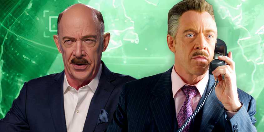 Split image of JK Simmons' J Jonah Jameson sitting at his news desk in Spider-Man No Way Home (2021) on the left, Jameson on the phone in his office in Spider-Man (2002) on the right