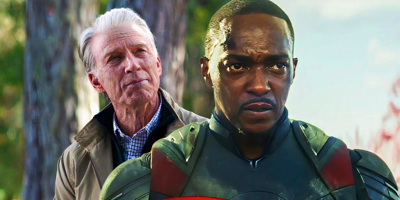 Split image of old steve rogers up looking happy and sam wilson's captain america looking concerned