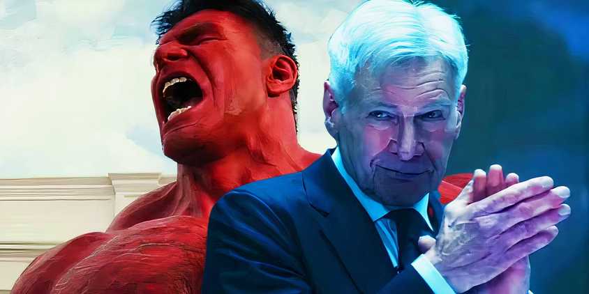 Split image of red hulk transforming and president ross clapping in captain america brave new world