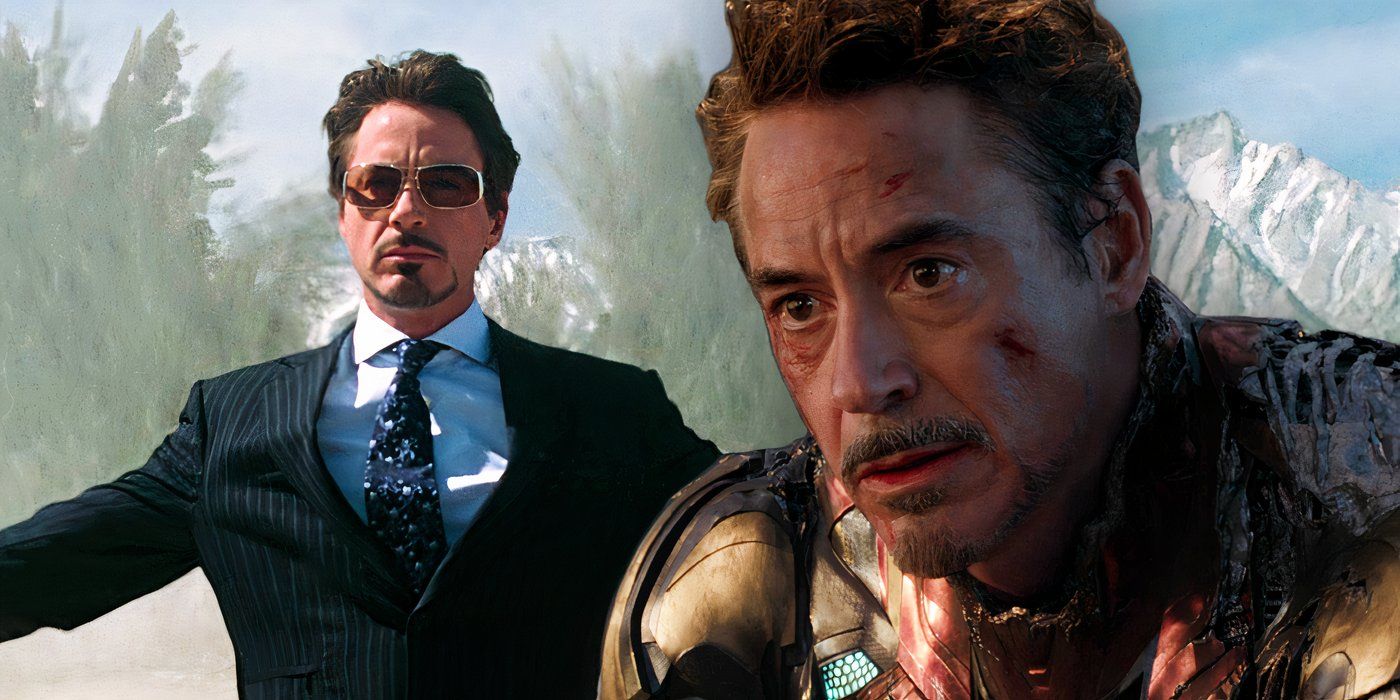 Split image of Robert Downey Jr's Tony Stark standing in front of an explosion in Iron Man (2008) on the left, Downey Jr's Tony in his Iron Man suit in the finale battle of Avengers Endgame (2019) on the right