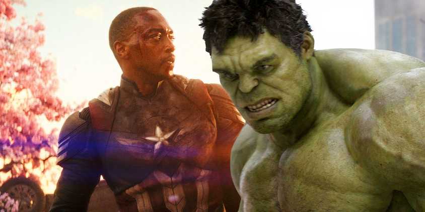 Split image of sam wilson looking worries in captain america brave new world and hulk grimacing in the avengers