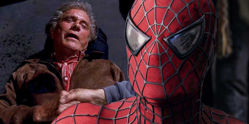 Split image of Spider-Man and Uncle Ben dying