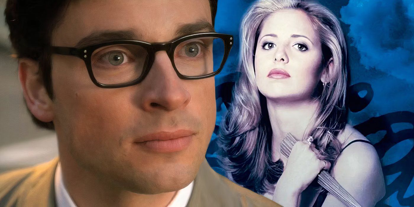 Split image of Tom Welling as Superman and Buffy holding a stake