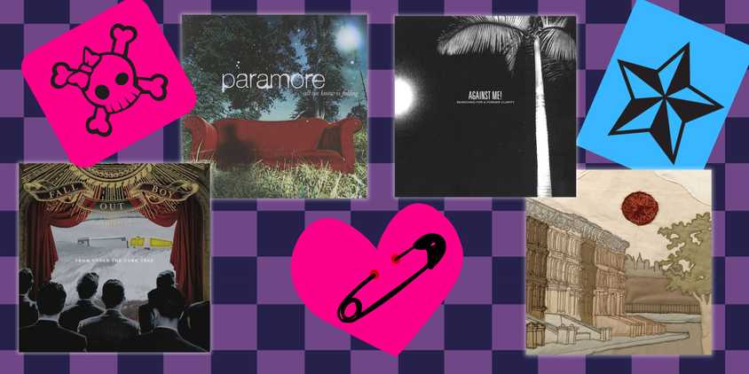 A collage of emo clip art and the covers of four emo/punk albums from 2005 (Fall Out Boy - From Under the Cork Tree, Paramore - All We Know Is Falling, Against Me - Searching For A Former Clarity, Bright Eyes - I'm Wide Awake It's Morning)