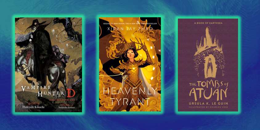 A collage of the covers of Vampire Hunter D, Heavenly Tyrant, and The Tombs of Atuan
