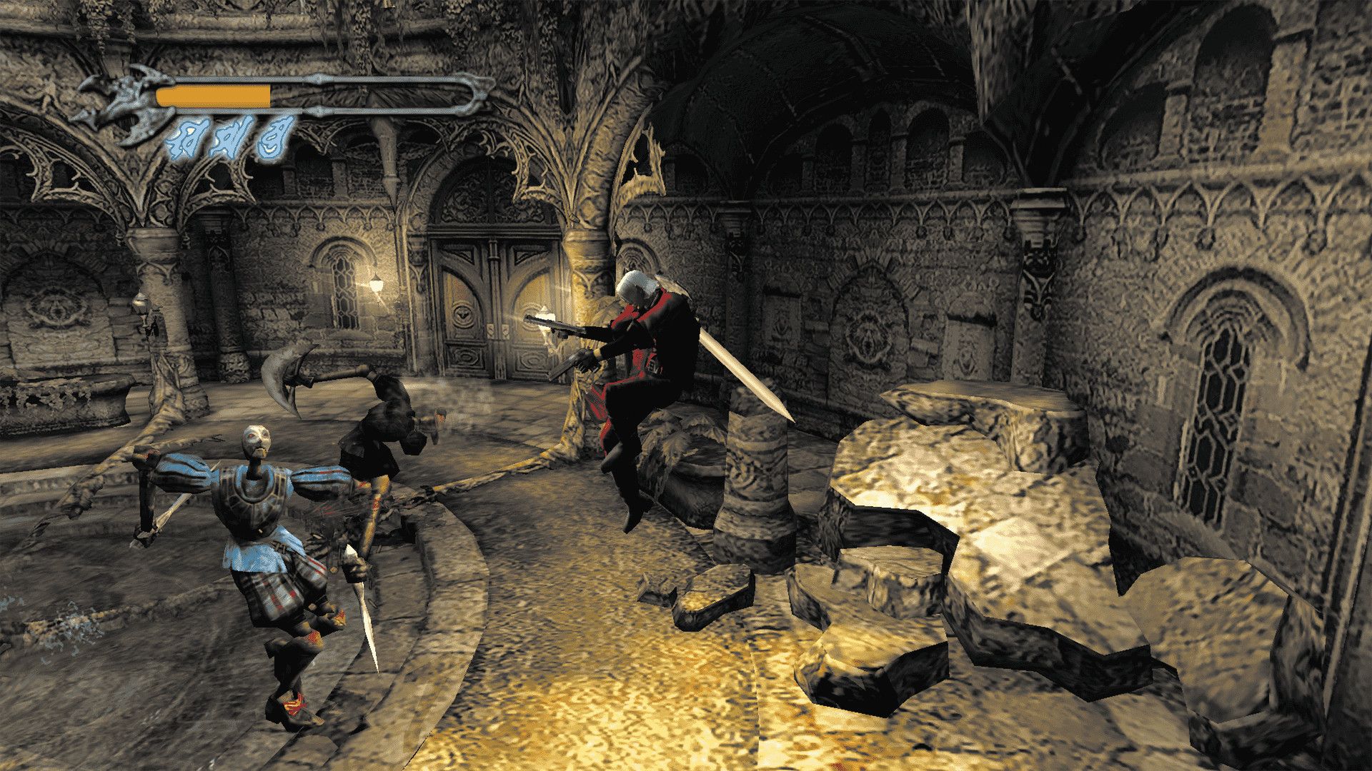 Dante shooting two guns at an enemy while in the air in Devil May Cry.