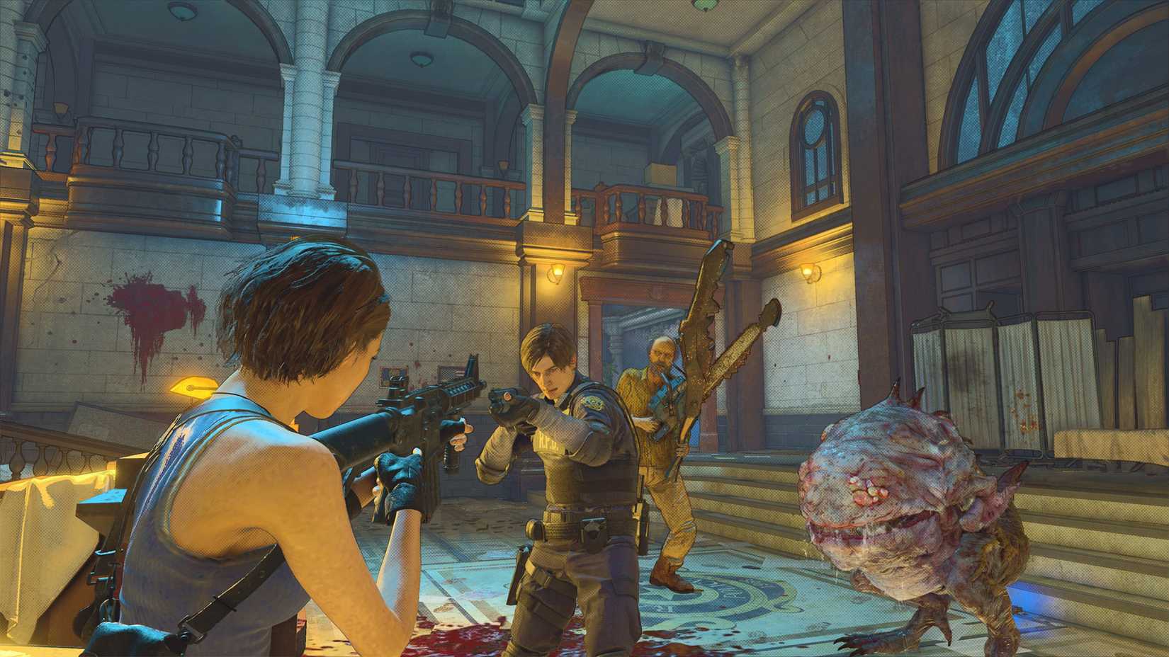 Jill Valentine and Leon Kennedy pointing guns at each other in Resident Evil Re:Verse.