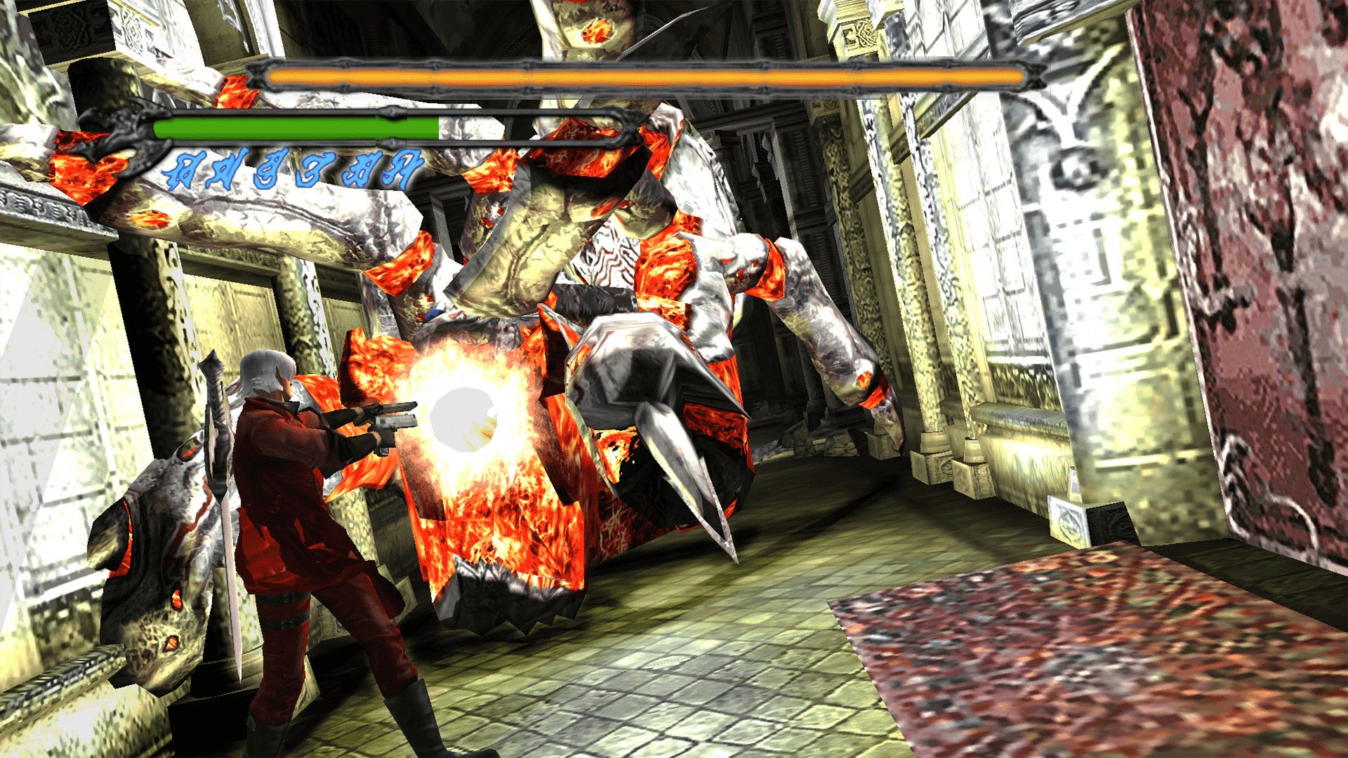 Dante fighting Phantom, a giant spider made partially out of lava, in Devil May Cry.
