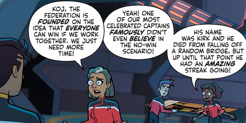 Image of the Lower Decks crew talking about Kirk's death