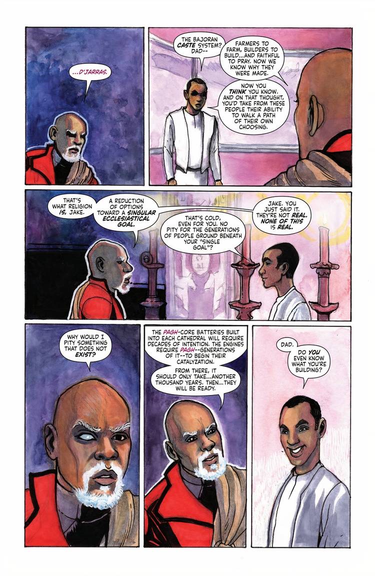 Six panels of Ben Sisko talking to a vision of his son Jake