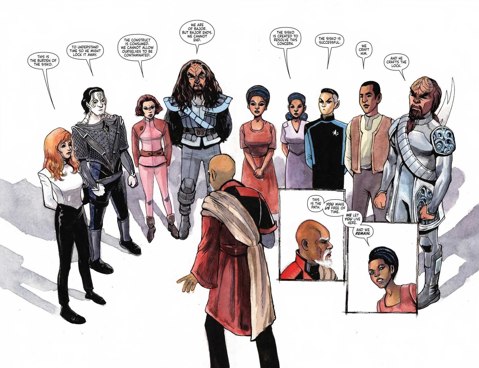 Image of Sisko surrounced by the Bajoran Prophets, appearing to him as his friends
