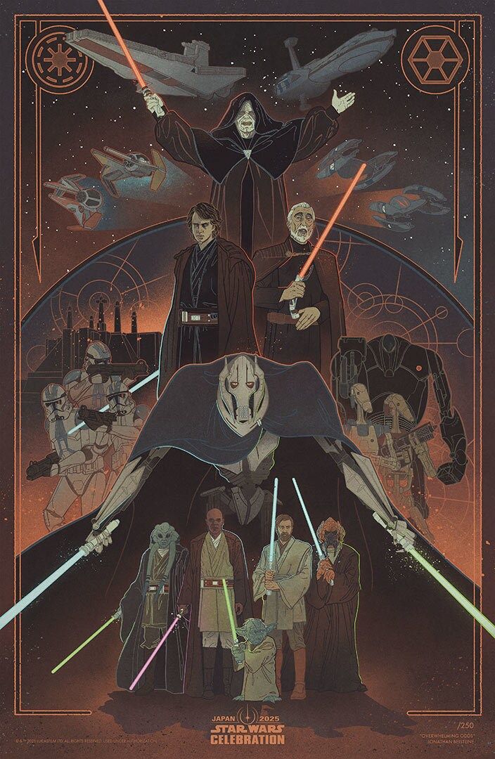 "Oplantes esmagadoras", de Jonathan Beistline para a celebração de Star Wars Japão 2025, incluindo artistas como Geral Grievous, Palpatine, Obi-Wan Kenobi, The Clones e muito mais.