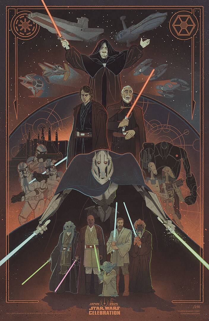 "Overwhelming Odds" by Jonathan Beistline for Star Wars Celebration Japan 2025, including the likes of General Grievous, Palpatine, Obi-Wan Kenobi, the clones, and more.