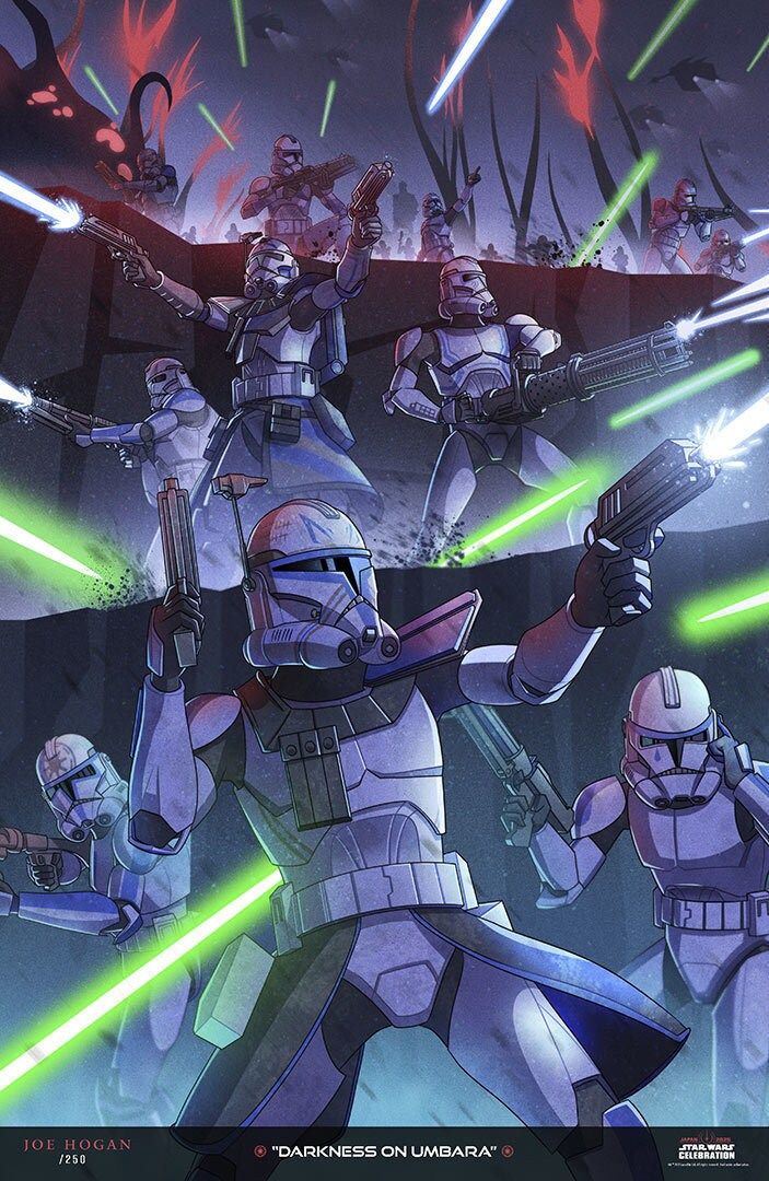 A obra de arte de "Darkness on Umbara" de Joe Hogan para a celebração de Star Wars 2025, com o capitão Rex, o arco Trooper Fives, Hardcase, Tup e mais da 501st Torrent Company em Umbara.