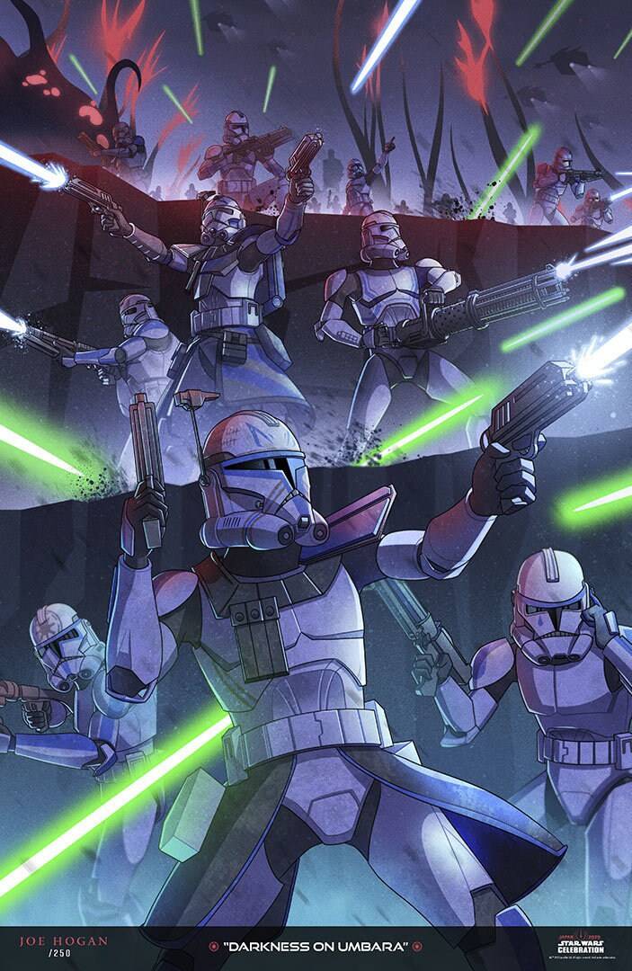 "Darkness on Umbara" artwork by Joe Hogan for Star Wars Celebration 2025, featuring Captain Rex, ARC trooper Fives, Hardcase, Tup, and more of the 501st Torrent company on Umbara.