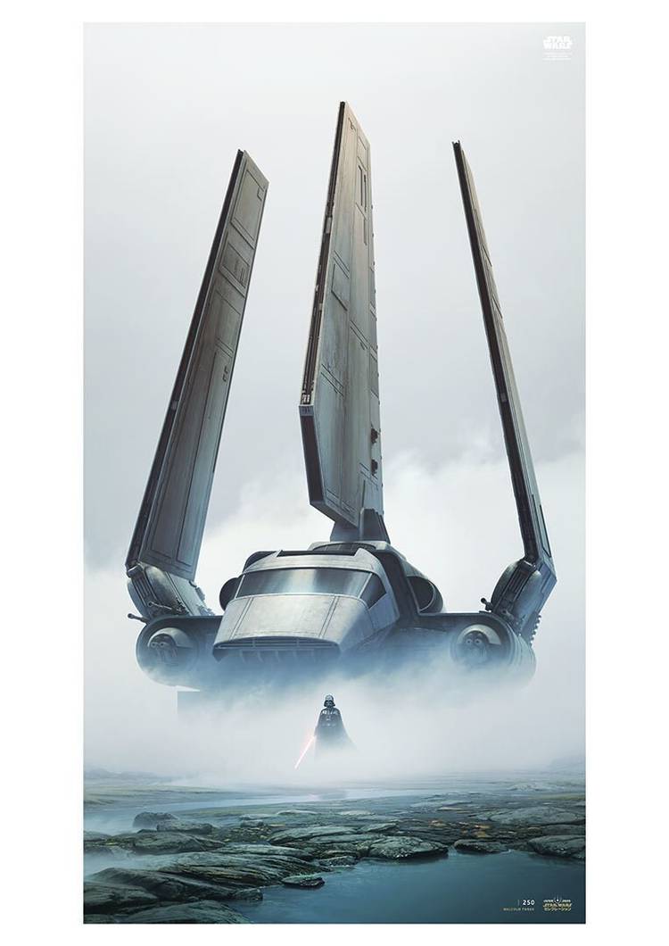 "Vader" artwork by Malcolm Tween for Star Wars Celebration 2025, featuring an Imperial shuttle with Darth Vader standing in front of it in the fog.