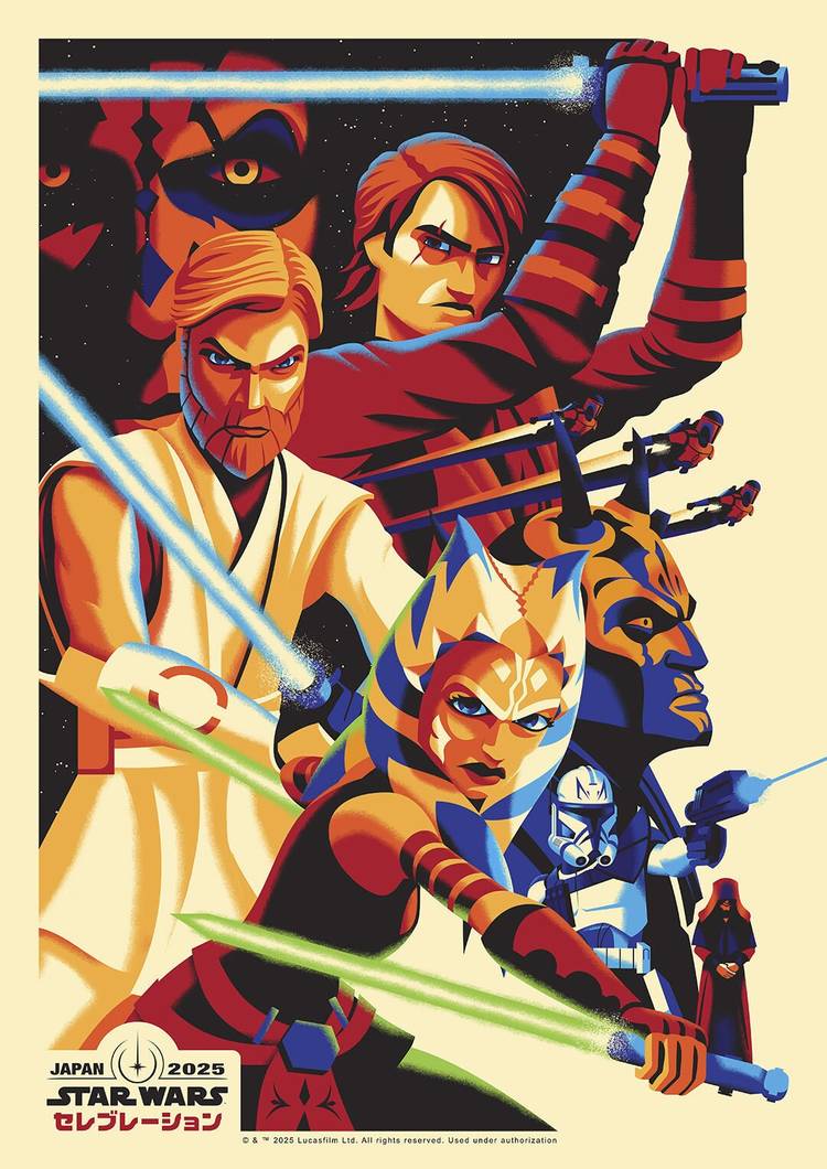 "Heroes Broken, Destiny Changed" artwork by Danny Haas for Star Wars Celebration 2025, featuring The Clone Wars animation style of Anakin, Obi-Wan, Ahsoka, Rex, and more.