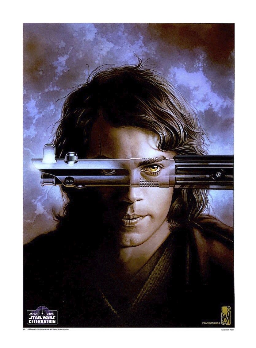 "Caminho de Anakin" Obra de arte de Tsuneo Sanda para a celebração de Star Wars 2025, com Anakin Skywalker com o punho de seu sabre de luz sobre seus olhos.