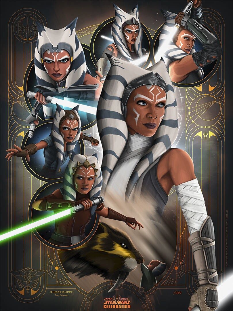 "A jornada de um herói" Obra de arte de Traci Easterday para Star Wars Celebration 2025, com Ahsoka Tano em vários estágios de sua vida.