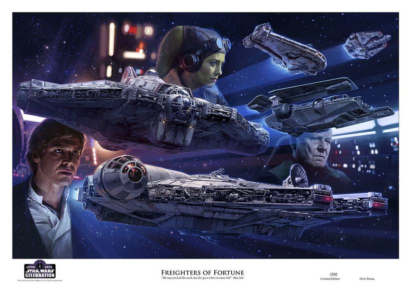 "Freighters of Fortune" artwork by Chris Trevas for Star Wars Celebration 2025, featuring Han Solo and the Millennium Falcon, Hera Syndulla and the Ghost, and Luthen Rael and the Fondor.