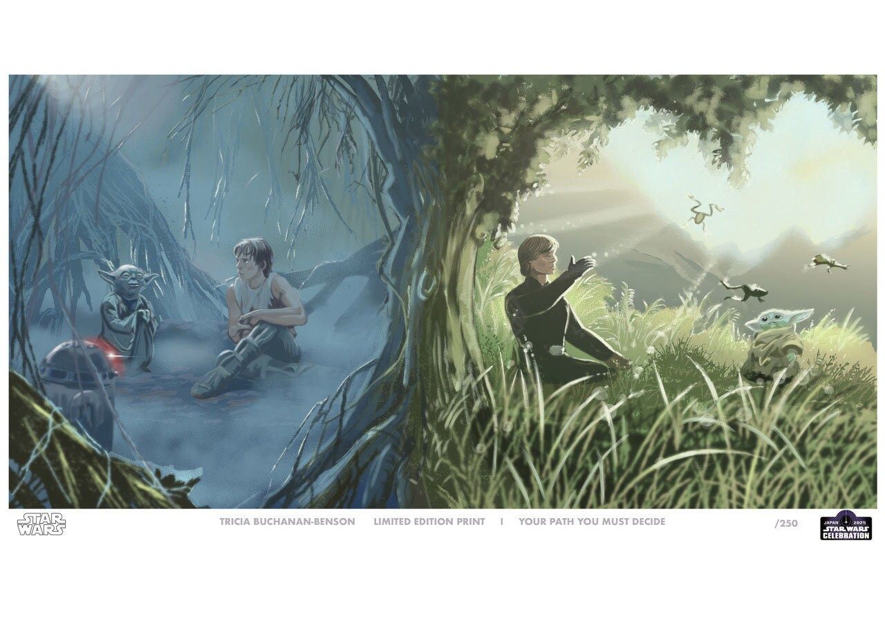 "Seu caminho você deve decidir" obra de arte de Tricia Benson para a celebração de Star Wars 2025, com Luke Skywalker com Yoda em Dagobah e com Grogu no Ossus.