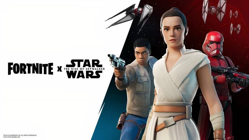 Fortnite X Star Wars event logo featuring Rey, Fin, and a Stormtrooper.