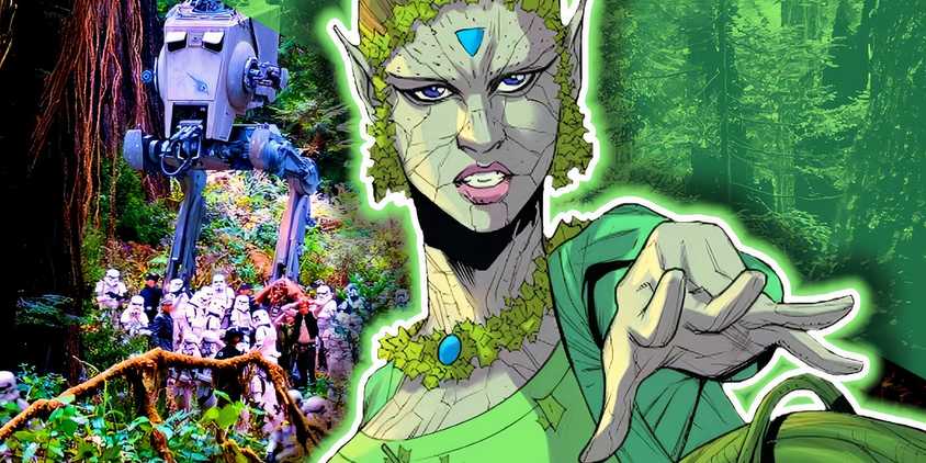 Star Wars' Londo Plant Mage with Imperials walking through Endor behind her.