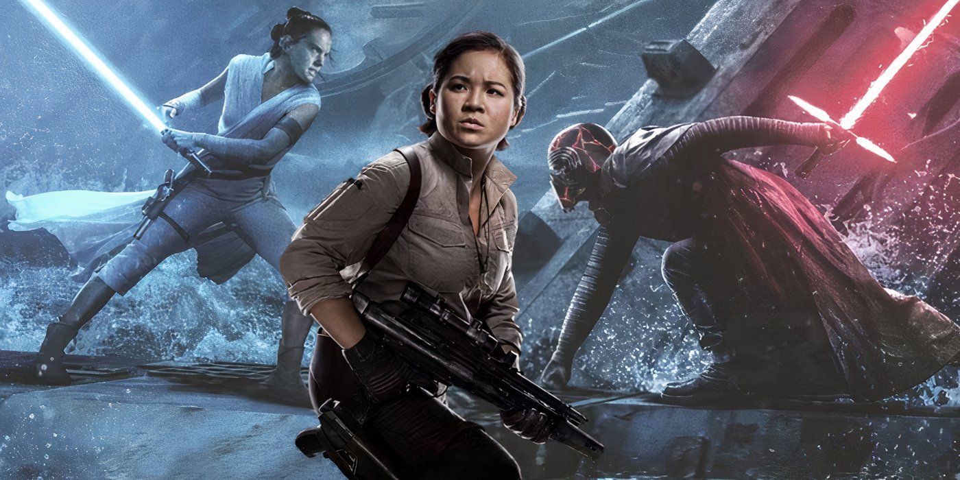 Star Wars' Rose Tico with Rey and Kylo Ren having a lightsaber battle behind her.