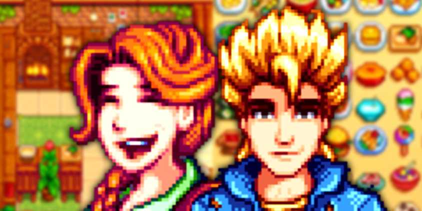 stardew Valley sam and Leah smiling with a kitchen and recipes