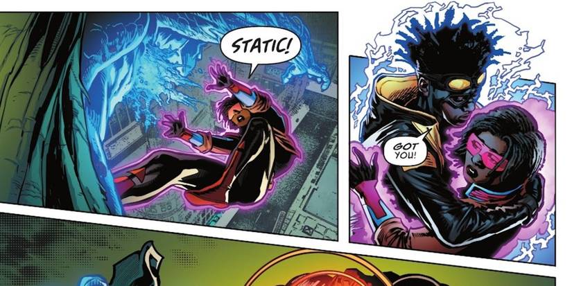 Static Shock's Virgil Hawkins catches Raquel Ervin in his arms in Milestone Universe The Shadow Cabinet #4