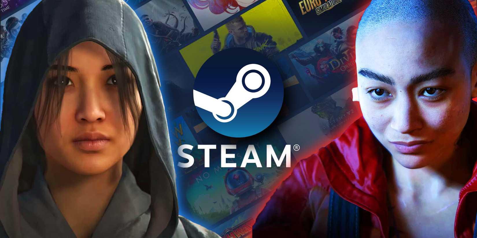 Jordon from Heretic Prophet and the shinobi from AC Shadows next to a steam logo