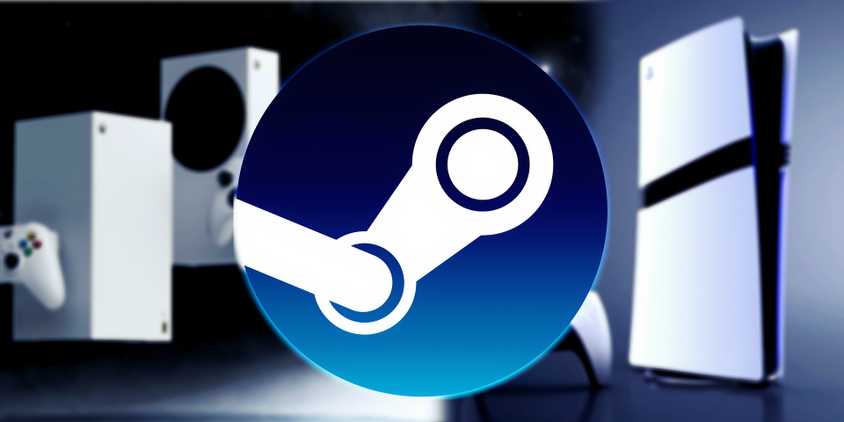 Steam logo over xbox and playstation consoles