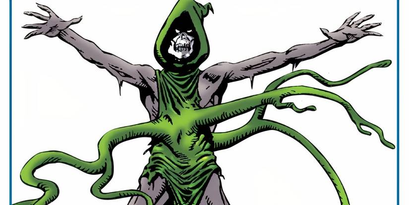X-Men's cloaked skeletal villain named Hungry with green tendrils extending from its stomach.