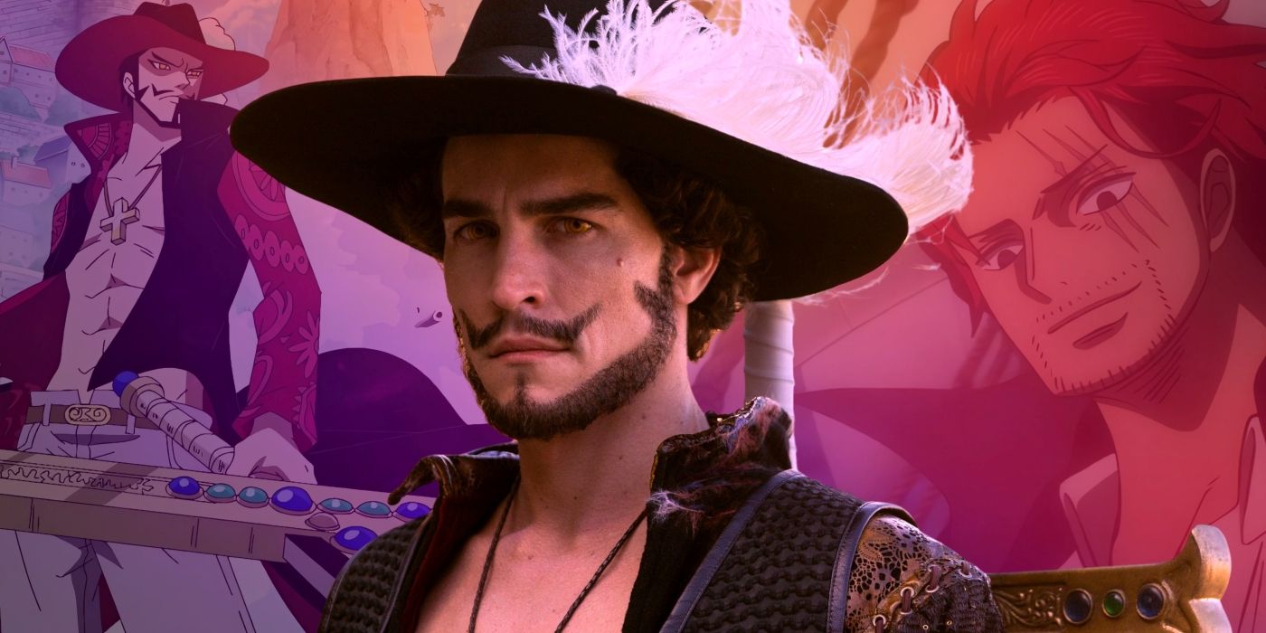 Steven wearing his costume of Mihawk in Netflix&rsquo;s One Piece. Behind him, the anime versions of Shanks and Mihawk can be seen.