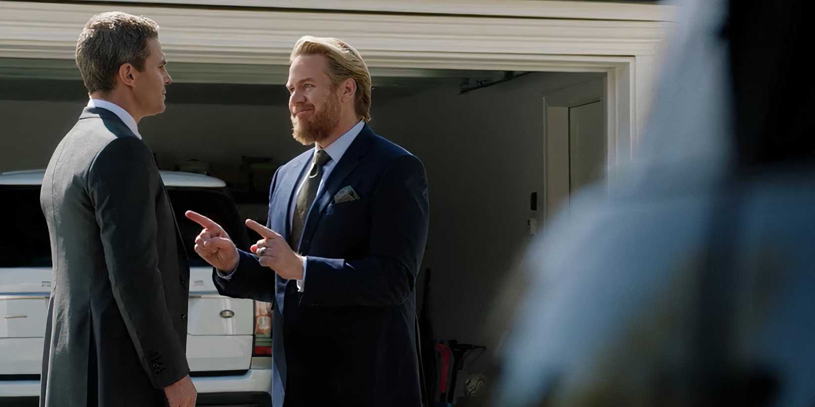 Stephen Amell as Ted Black and Josh McDermitt as Stuart Lane in Suits LA