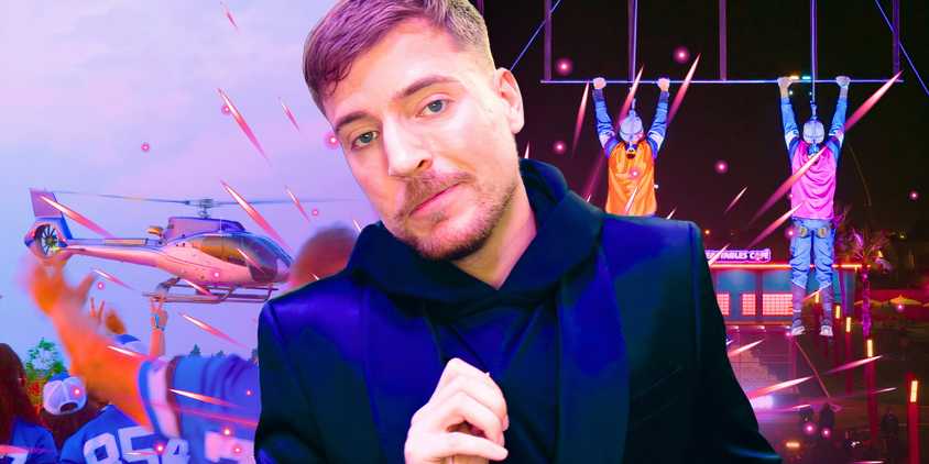 up close image of MrBeast with a Beast Games challenge in the background