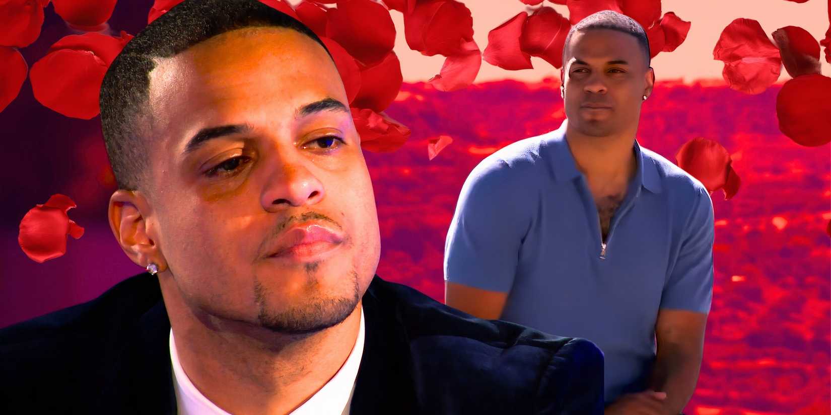 montage of the bachelor's grant ellis looking sad with rose petals in the background