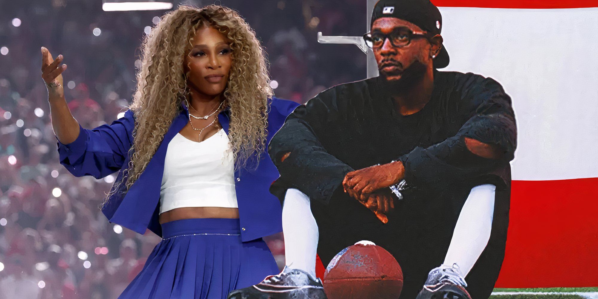 Kendrick Lamar's poster for his Super Bowl 2025 performance and Serena Williams dancing on stage