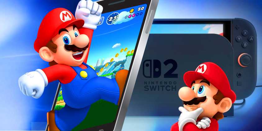Super Mario entering a phone with Nintendo Switch 2 behind and Mario thinking.