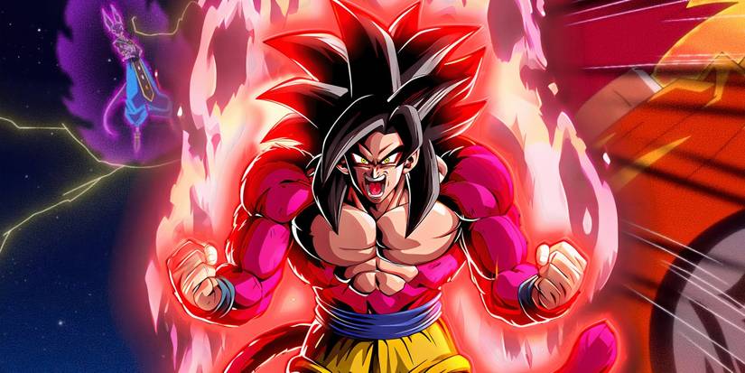 Full Power Super Saiyan 4 Goku from Dragon Ball GT, with a shot of Beerus and Super Saiyan God Goku in the background.