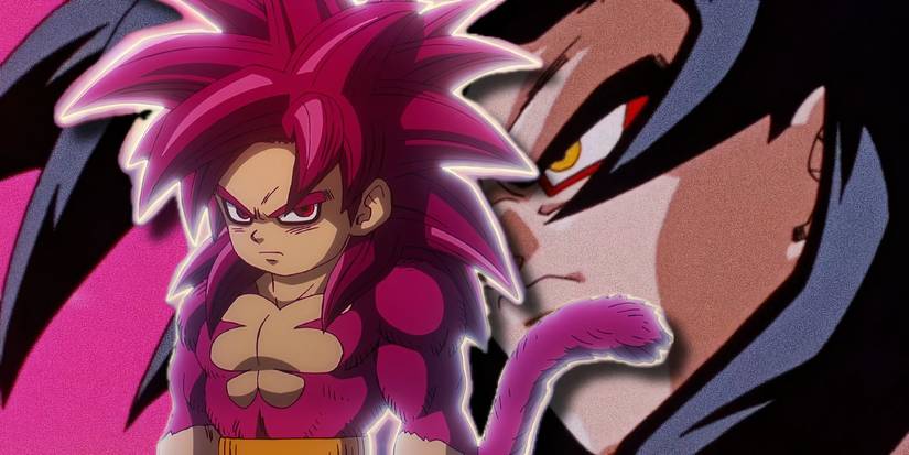 Super Saiyan 4 Goku from Dragon Ball Daima in front of Super Saiyan 4 Goku from Dragon Ball GT.