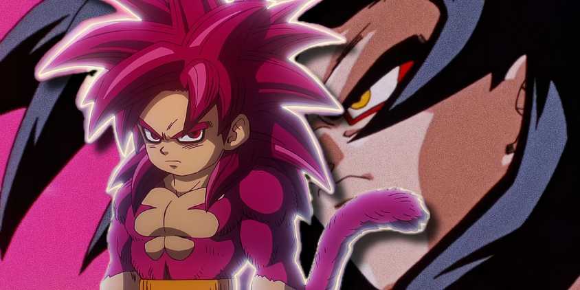Super Saiyan 4 Goku from Dragon Ball Daima in front of Super Saiyan 4 Goku from Dragon Ball GT.