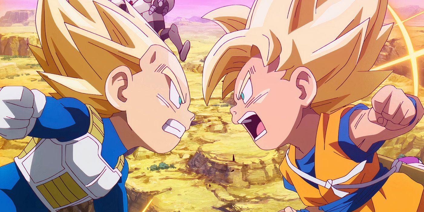 Vegeta and Goku in Super Saiyan forms charging towards each other in Dragon Ball Daima.