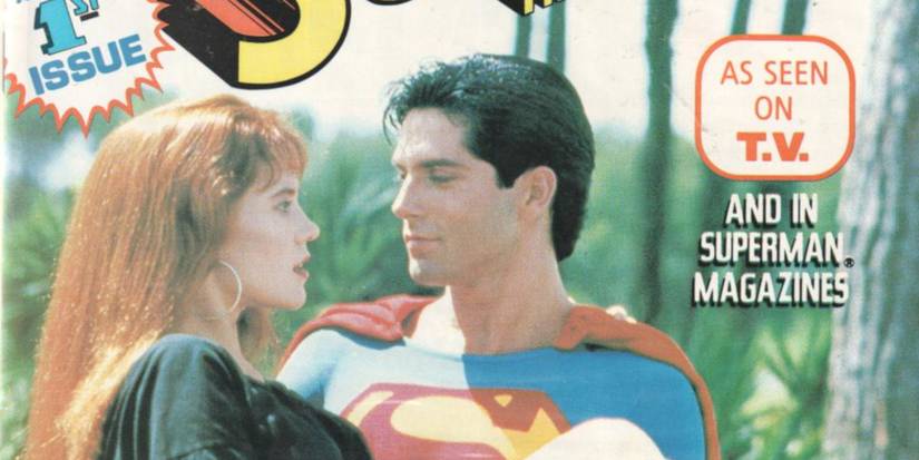 On a comic book photo cover, Superboy holds a girl who he has just rescued. He is smiling and she is surprised. The text reads "As seen on T.V. and in Superman Magazines"