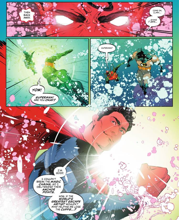 Superman breaks out of magic bindings by breaking the rocks anchoring them rather than the cuffs themselves