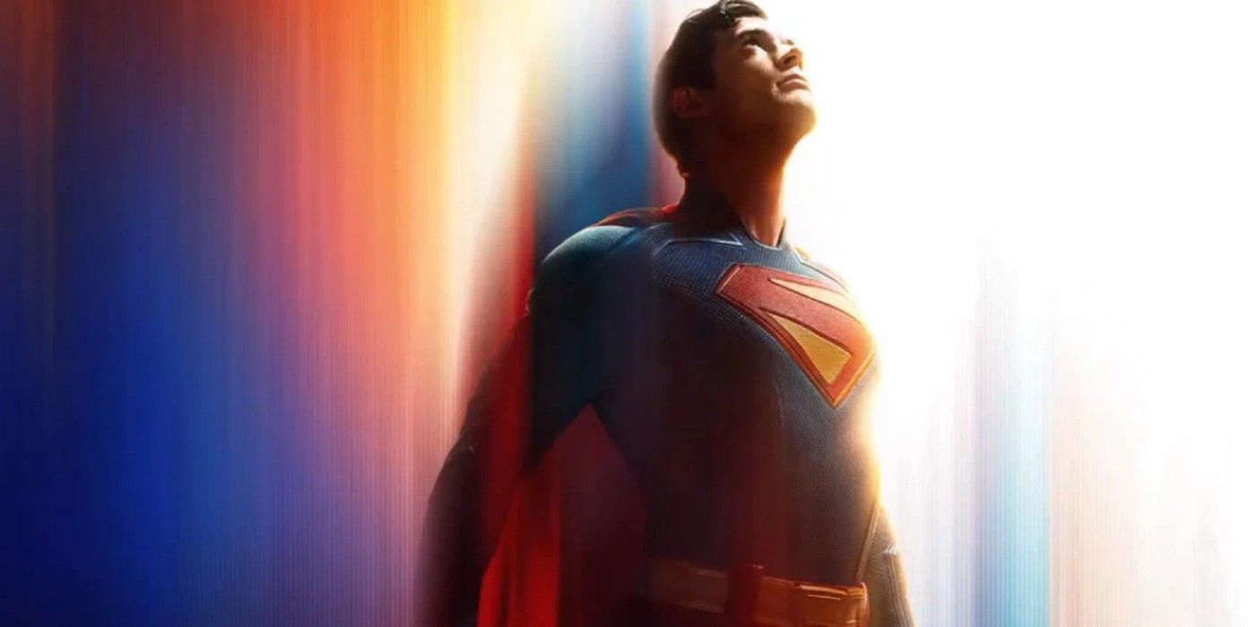 An image of David Corenswet As Superman. Behind him is a rainbow of colors.