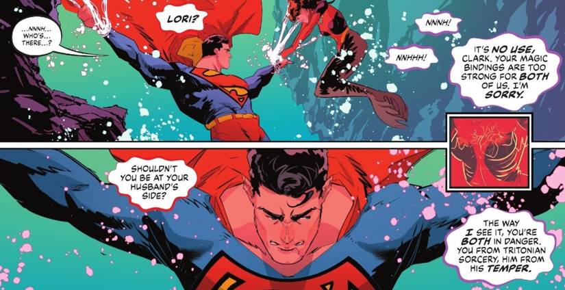 Superman is trapped in magic bindings as Lori Lemaris tries and fails to break him out