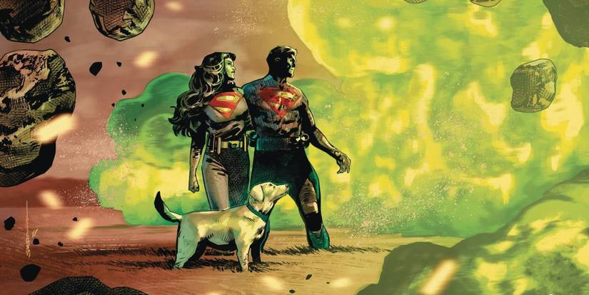 Superman's parents and Krypto on an exploding Krypton on the cropped cover of Absolute Superman #3-1