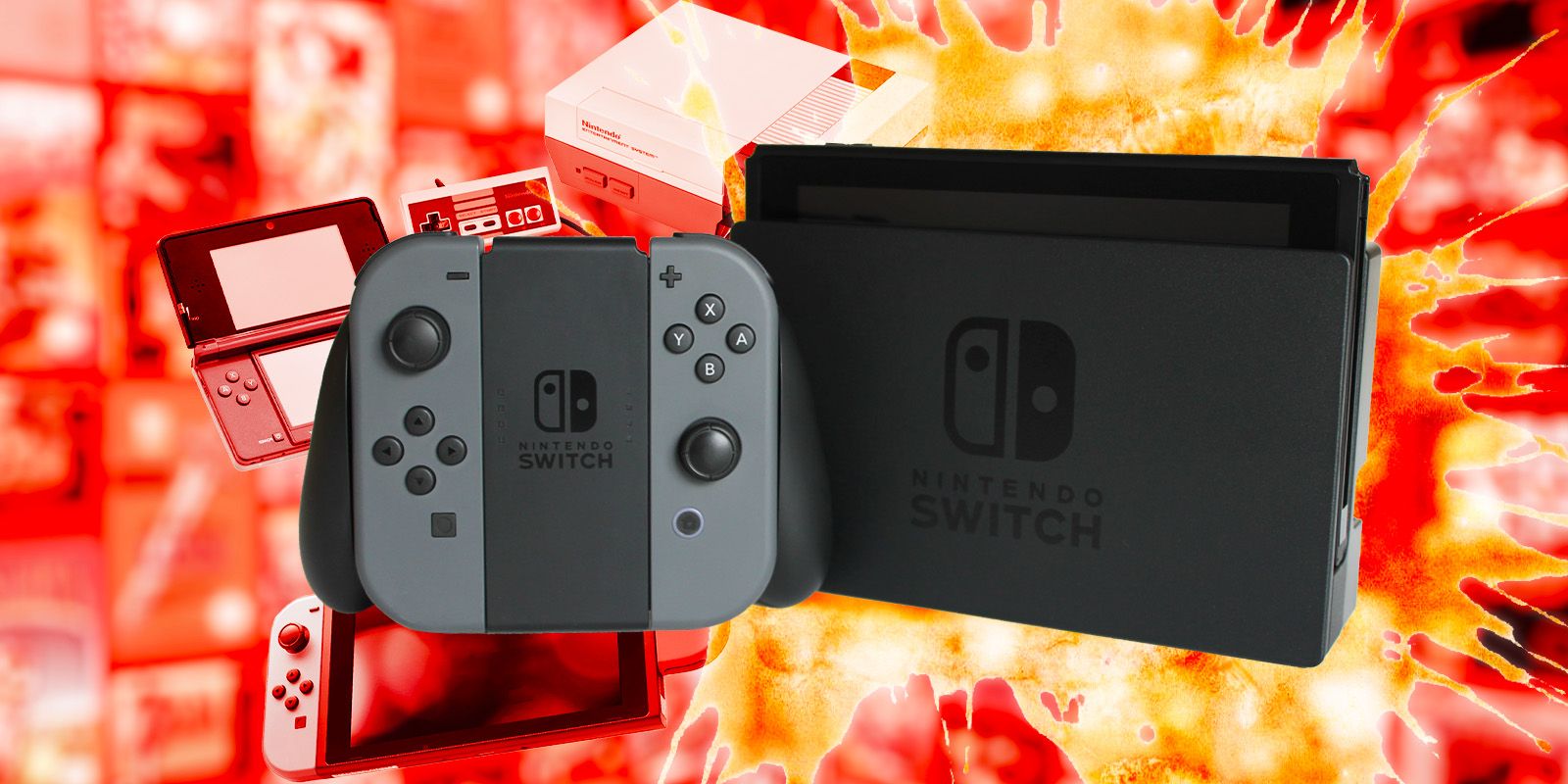A switch console sits at the center, as older Nintendo consoles such as the 3DS and NES surround it.