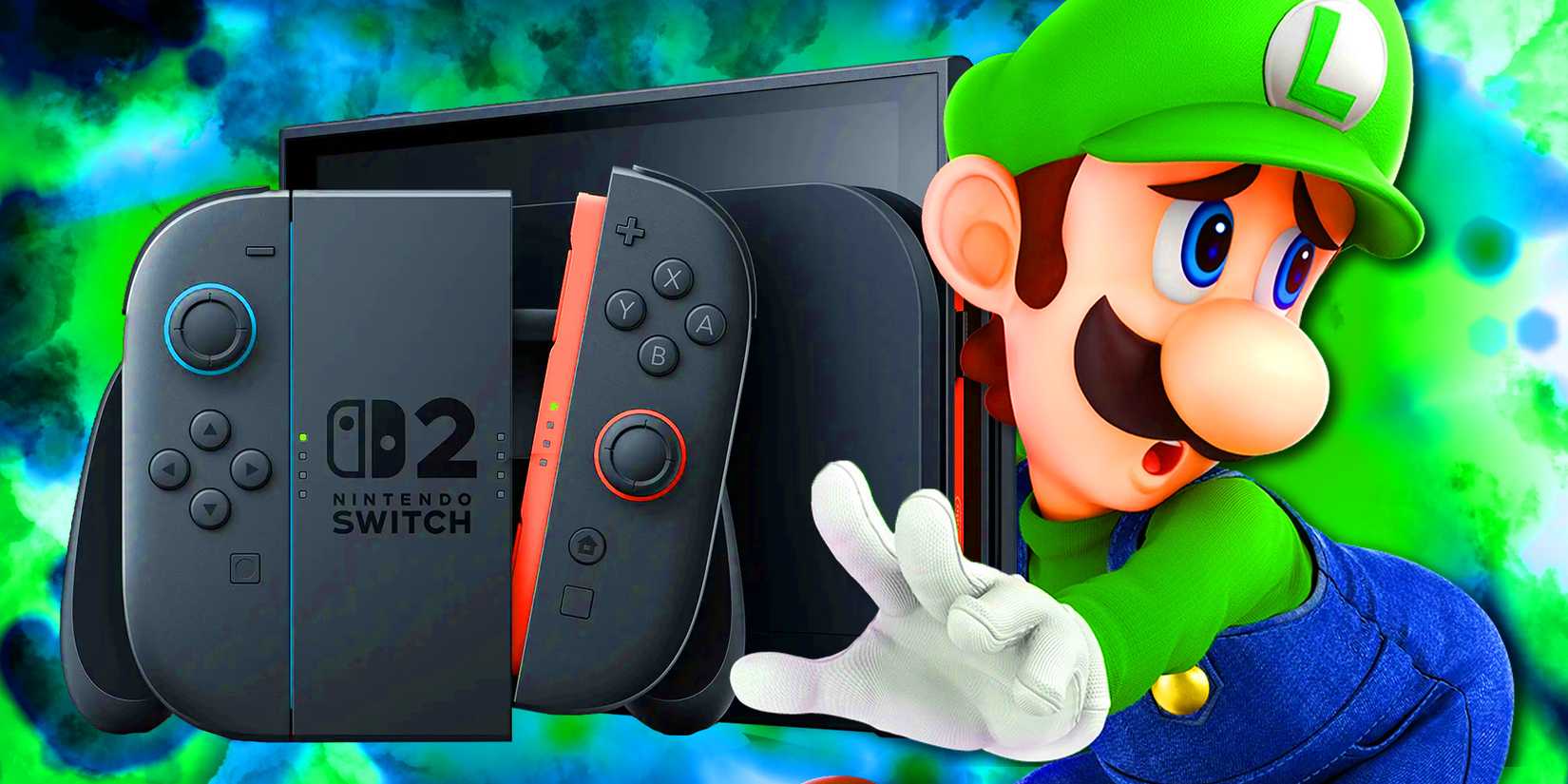 Image of a Switch 2 console with a worried looking Luigi beside it.